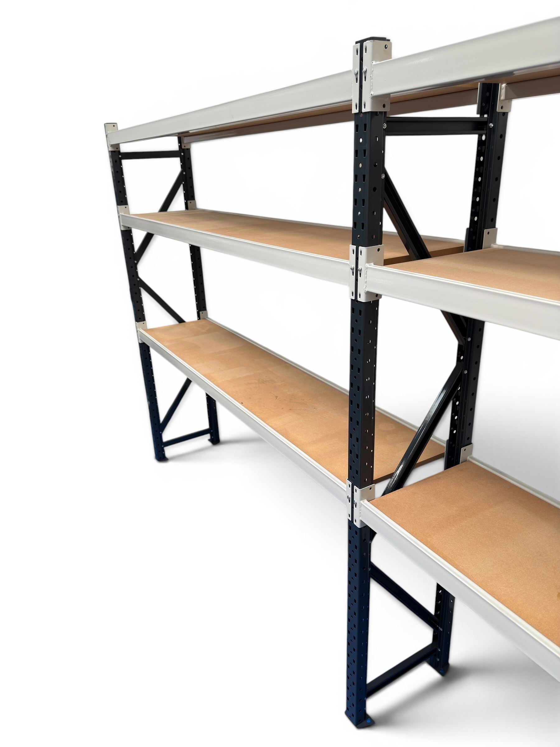 Two bays of Constructor warehouse racking with MDF boards
