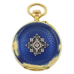 Edwardian 18ct gold open face ladies fob watch, white enamel dial with Roman numerals, blue enamel case, with applied platinum diamond openwork decoration to the reverse, case by Cornelius Desormeaux Saunders & James Francis Hollings (Frank) Shepherd, London import mark 1910