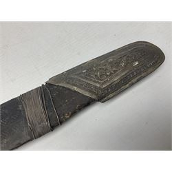 Omani presentation sword kattara, with 77cm  broad slightly curved single edge blade with two fullers, leather bound hilt woven with silver wire decoration and iron pommel;  in tooled leather scabbard with chased silver mounts and presentation plaque 'To Capt. D.M. Naylor From C Company NFR Oman Dec 1962' (Northern Frontier Regiment) L99cm overall