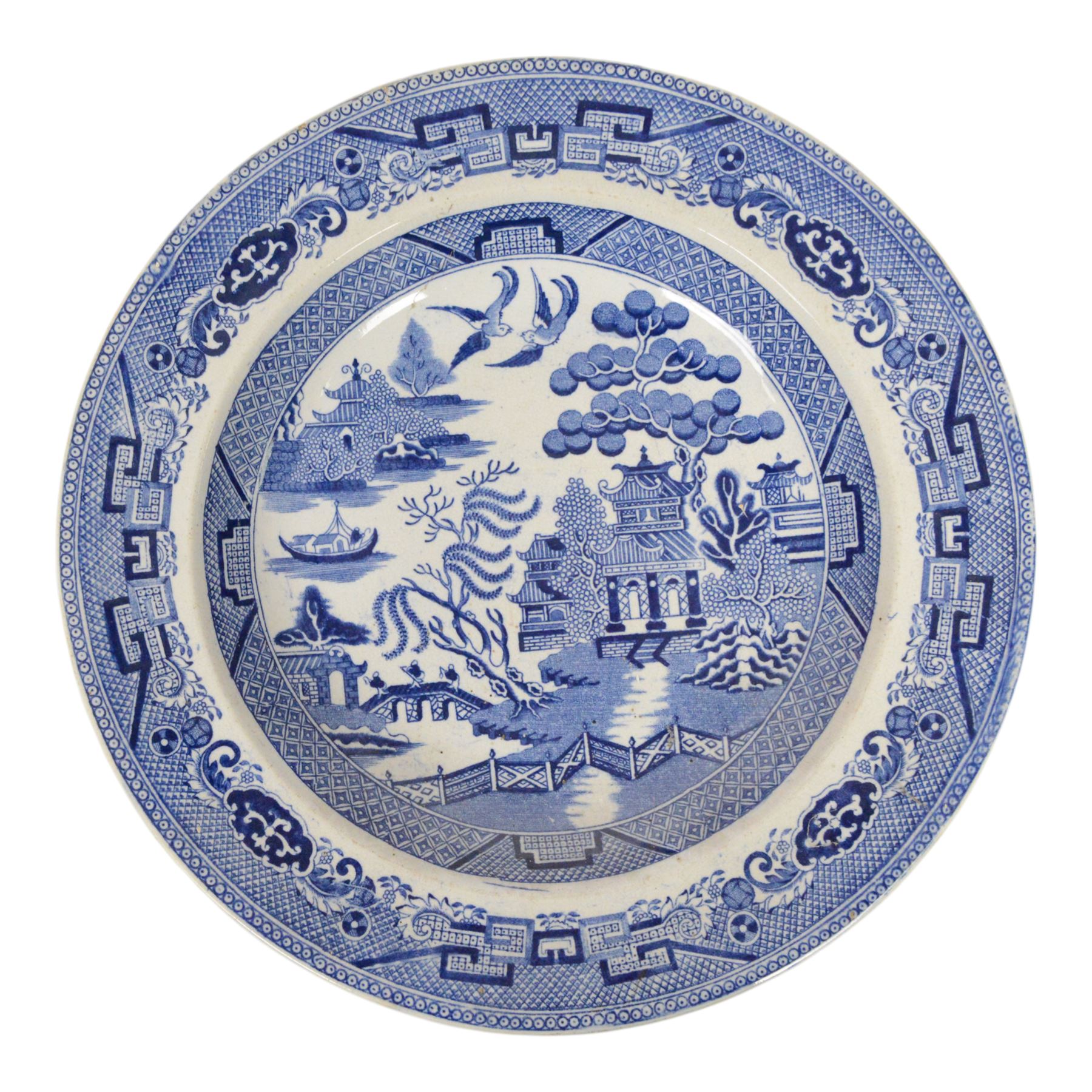 Collection of ten blue and white transfer plates, including two in Italian pattern with floral boarder, together with Willow pattern 