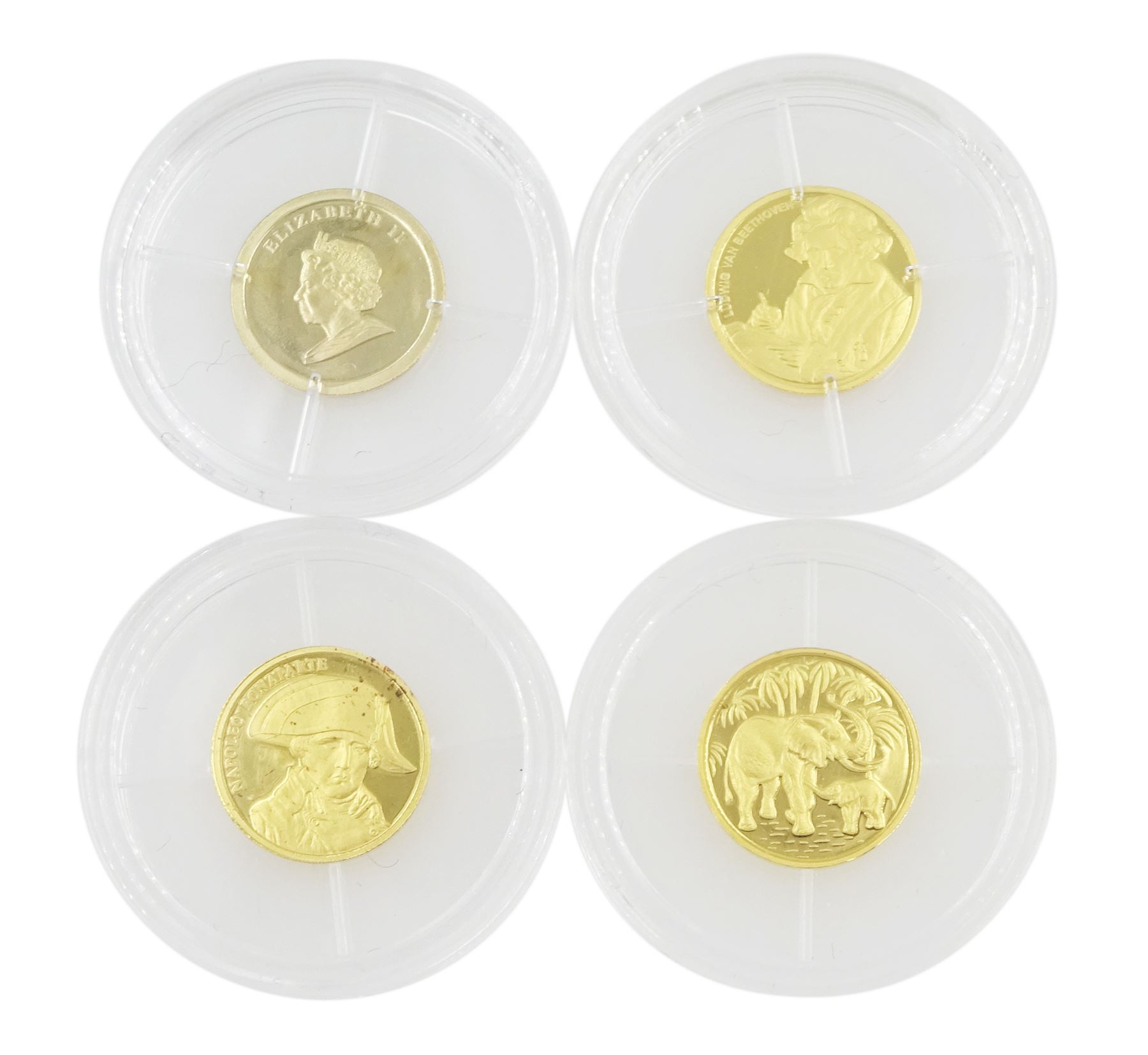 Four gold 'World's Smallest Coins', including three 24ct gold coins and one 14ct gold coin, all with certificates