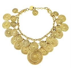 Yves Saint Laurent gilt metal two-tier necklace, with textured medallion charms 