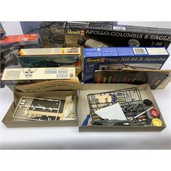 Six plastic model kits of helicopters by various makers including Airfix Boeing Chinook and two x Westland Sea King, Revell Apache, Matchbox Westland Lynx and Italeri Wessex HAS.3; together with three kits of lunar vehicles including Revell Apollo Columbia/Eagle, Command Module and Lunar Module 'Eagle'; and empty Airfix Lunar module box; all boxed  (10)