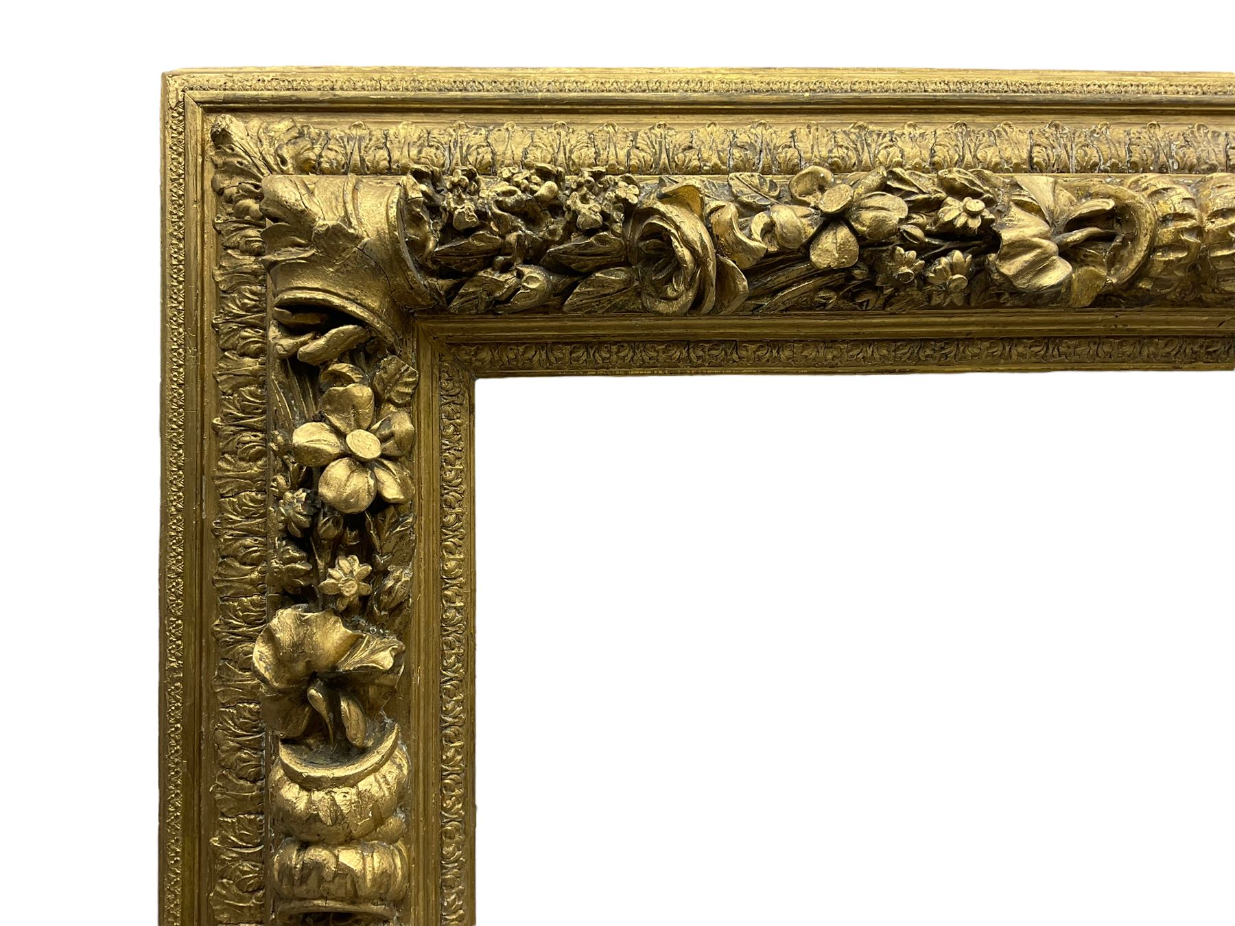FRAMES Heavy plaster moulded gilt frame, aperture 20" x 32", overall