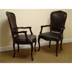  Pair French open arm chairs, moulded frames with floral carved cresting rail, serpentine seat and back upholstered  in simulated snake skin, on cabriole legs, W61cm, H110cm, D62cm (2)  