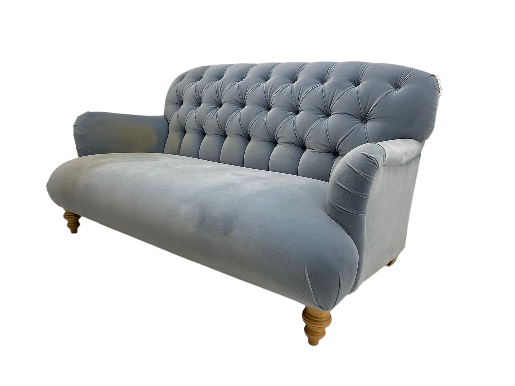 Tetrad - two seat sofa upholstered in baby blue buttoned fabric, on turned light beech front feet