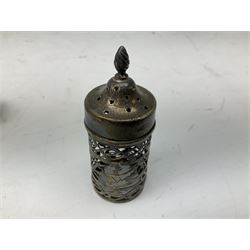 Silver mounted capstan inkwell, together with pierced silver pepper, silver napkin ring, and silver plated open salt, (4)