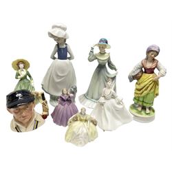 Collection of figures to include Royal Doulton limited edition Len Hutton jug, four Coalport ladies comprising Sarah Jane, Minuettes Sophie and Holly, Gwen, Nao girl etc
