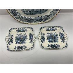 Copeland Spode blue and white meat platter with gilt edge, together with a pair of Royal Doulton Old English Sayings plates, and two Masons serving plates, each with stamped mark beneath, platter L44cm