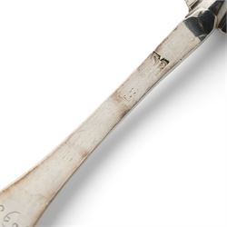 William III silver trefid spoon with rat tail oval bowl, the terminal engraved to the reverse I*E above R*S Jan 7th 1698, L19cm Makers mark SP