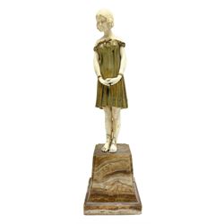 Demetre Chiparus (1886-1947): Innocence, a gilt bronze and ivory figure, circa 1925, standing in contemplative post with hands clasped, upon onyx plinth, signed to base, H24.4cm