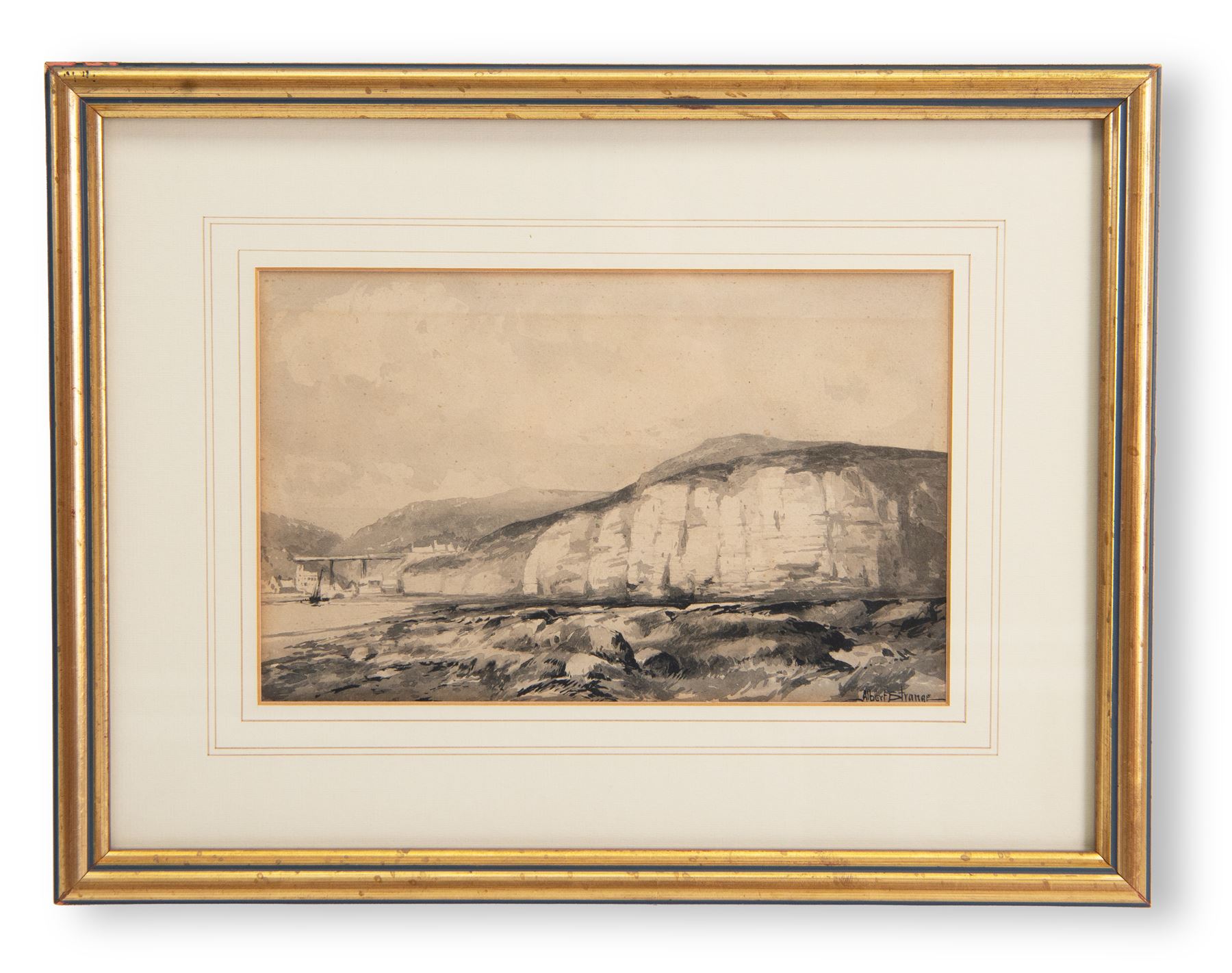 Albert George Strange (British c1855-1917): Sandsend near Whitby, viewed from the Scaur with the Viaduct in the distance, monochrome watercolour signed 17cm x 27cm 
Provenance: original illustration for Joseph Smith Fletcher, 'A Picturesque History of Yorkshire', pub. 1899-1901, p.317