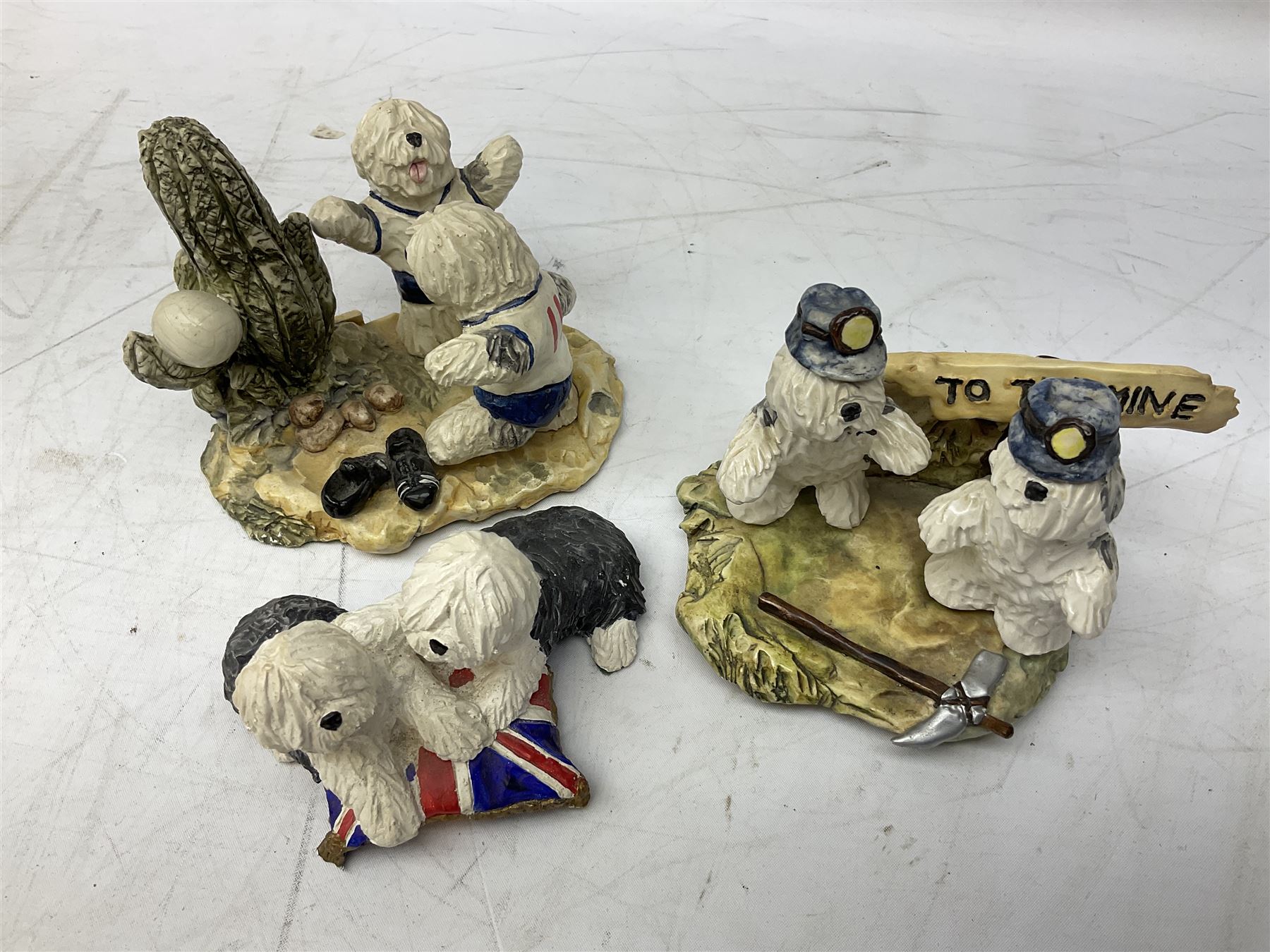 Three Sylvia Smith models of Old English Sheepdogs, Royal Orleans Pink Panther lidded box, two Crummels boxes and two Royal Worcester bird figures
