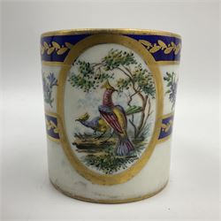 19th Sèvres style porcelain cup and saucer, the cup painted with a figural scene, against a scalloped border of scrolling floral swags on a blue ground, together with a Sèvres soft paste porcelain coffee can and saucer, painted with panels of exotic birds, roses and a border of cornflowers, LL monogram enclosing date letters H above painters mark, coffee can H6.5cm, saucer D13.5cm (2)