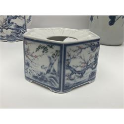 Chinese vase, decorated with vines and grapes and signed beneath, together with Chinese tea set of hexagonal form, comprising teapot and stand and six cups, vase H30cm