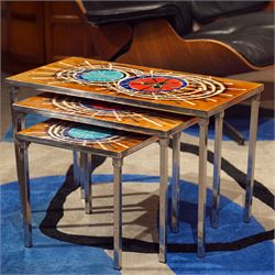 Juliette Belarti for Adri - 1960s-70s nest of three brutalist design tables, ceramic tiled tops, raised on a chrome frame 