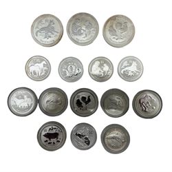 Queen Elizabeth II Australia fine silver coins, comprising twelve 1/2 ounce including 2013 'Year of the Snake', 2014 'Year of the Horse', 2016 'Year of the Monkey', 2018 'Year of the Dog' etc and three one ounce comprising 2016 'Year of the Monkey', 2017 'Year of the Rooster', 2018 'Year of the Dog' (15)