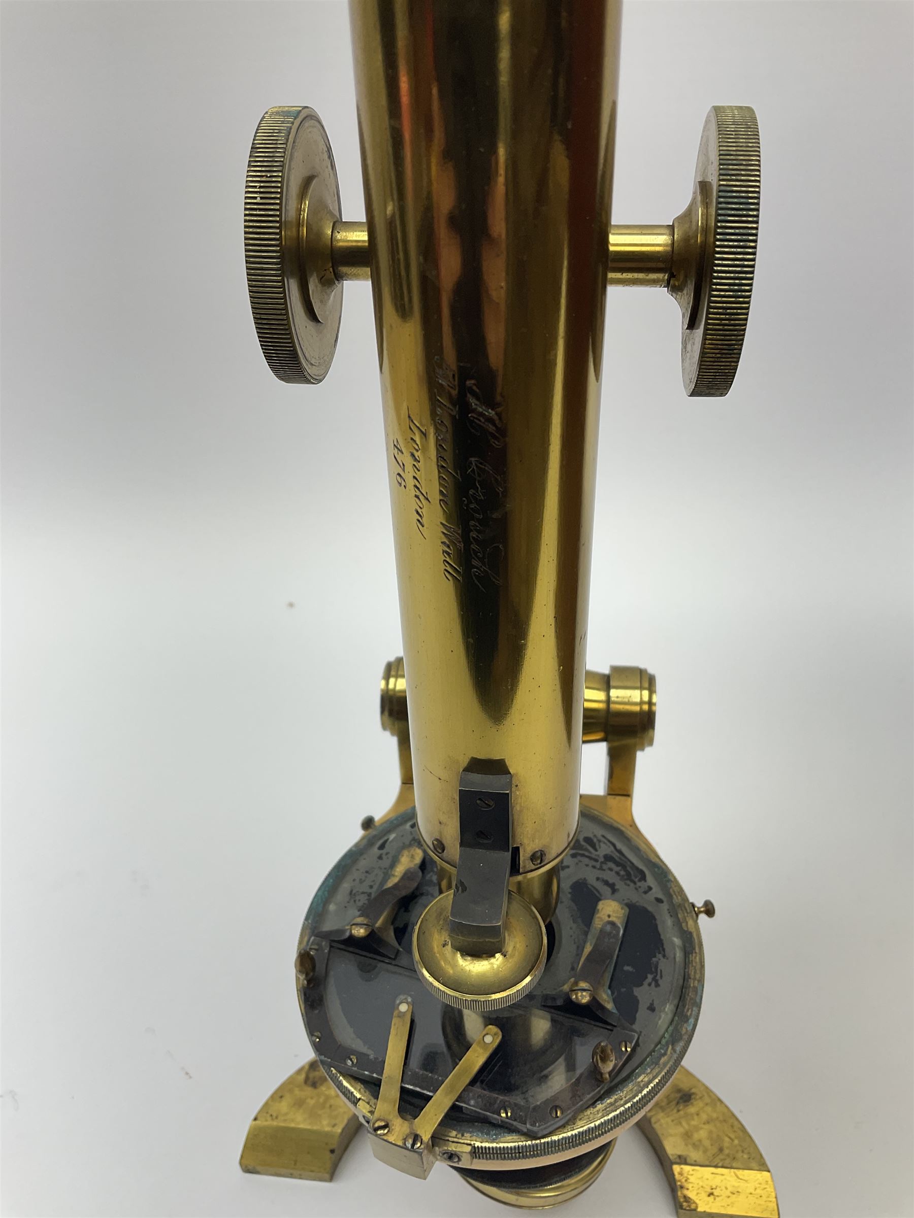 19th century Henry Crouch lacquered brass and black monocular microscope inscribed 'H. Crouch 51 London Wall London 476' with rack and pinion focusing H36cm, in fitted mahogany carrying case with extra lenses, twenty-six predominantly annotated prepared glass slides by W. Watson, Richard Suter, Wheeler, Thomas Groves etc including one marked Prize Medal Paris 1867, eight Walter White prepared card mounted slides and five original packets of C.J. Watkins unprepared specimens.