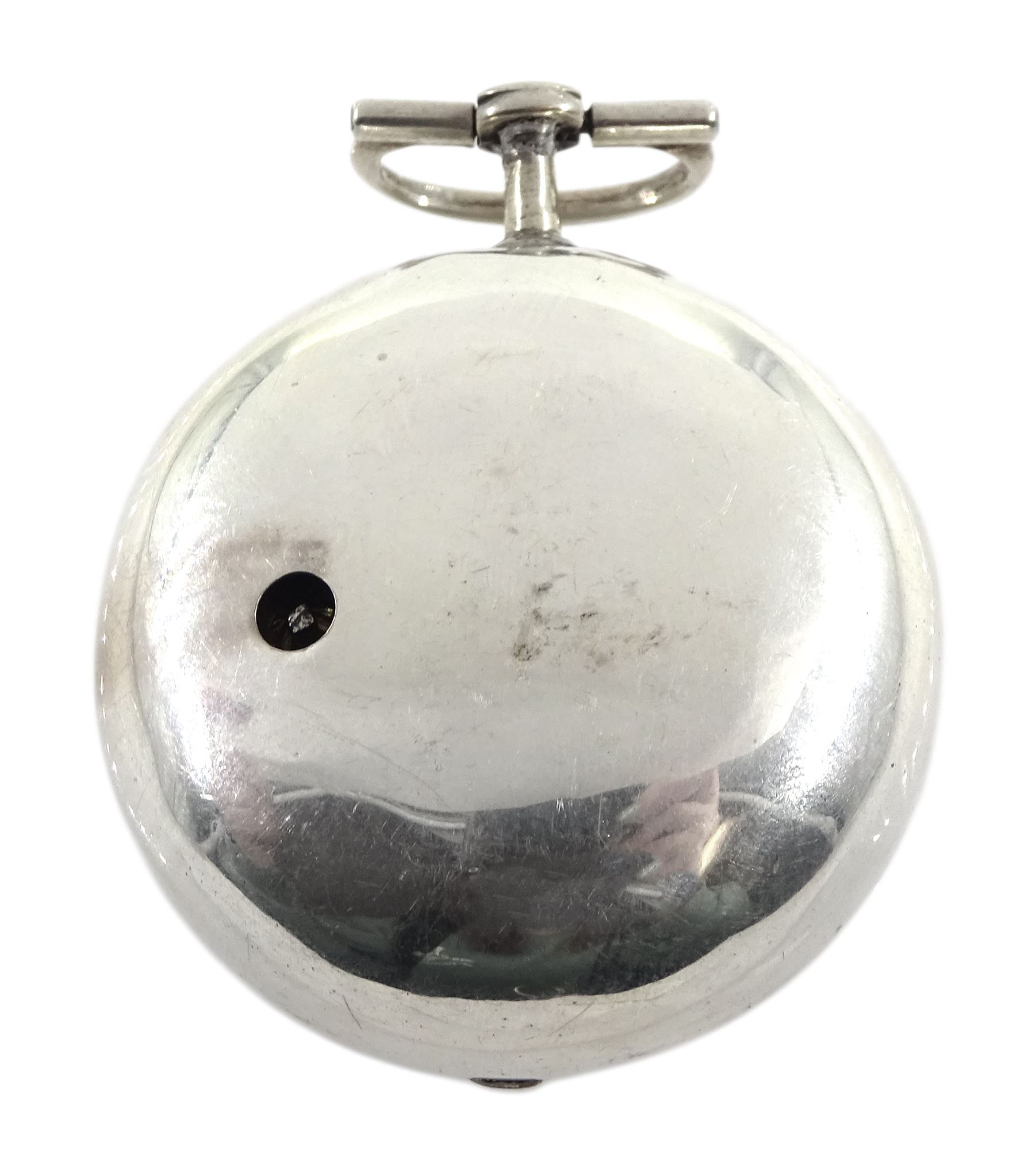 18th century silver pair cased verge fusee pocket watch by Alexander Hare (London ca.1781-1824), No. 200, square baluster pillars, pierced and engraved balance cock, white enamel dial with Roman hours and outer Arabic minute ring, beetle and poker hands, case makers mark G H, London 1770, with a fabric watchpaper embroidered with map of Europe