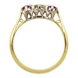 Gold three stone ruby diamond ring, stamped 18ct