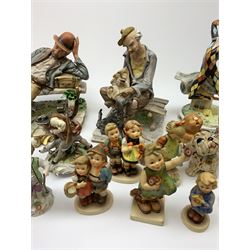 A collection of various figurines, comprising two Capodimonte figures modelled as tramps seated upon benches, together with a further smaller Capodimonte figure modelled as a hunter and hound, four Continental figures, five Hummel figures by Goebel, and five Pendelfin figures. 