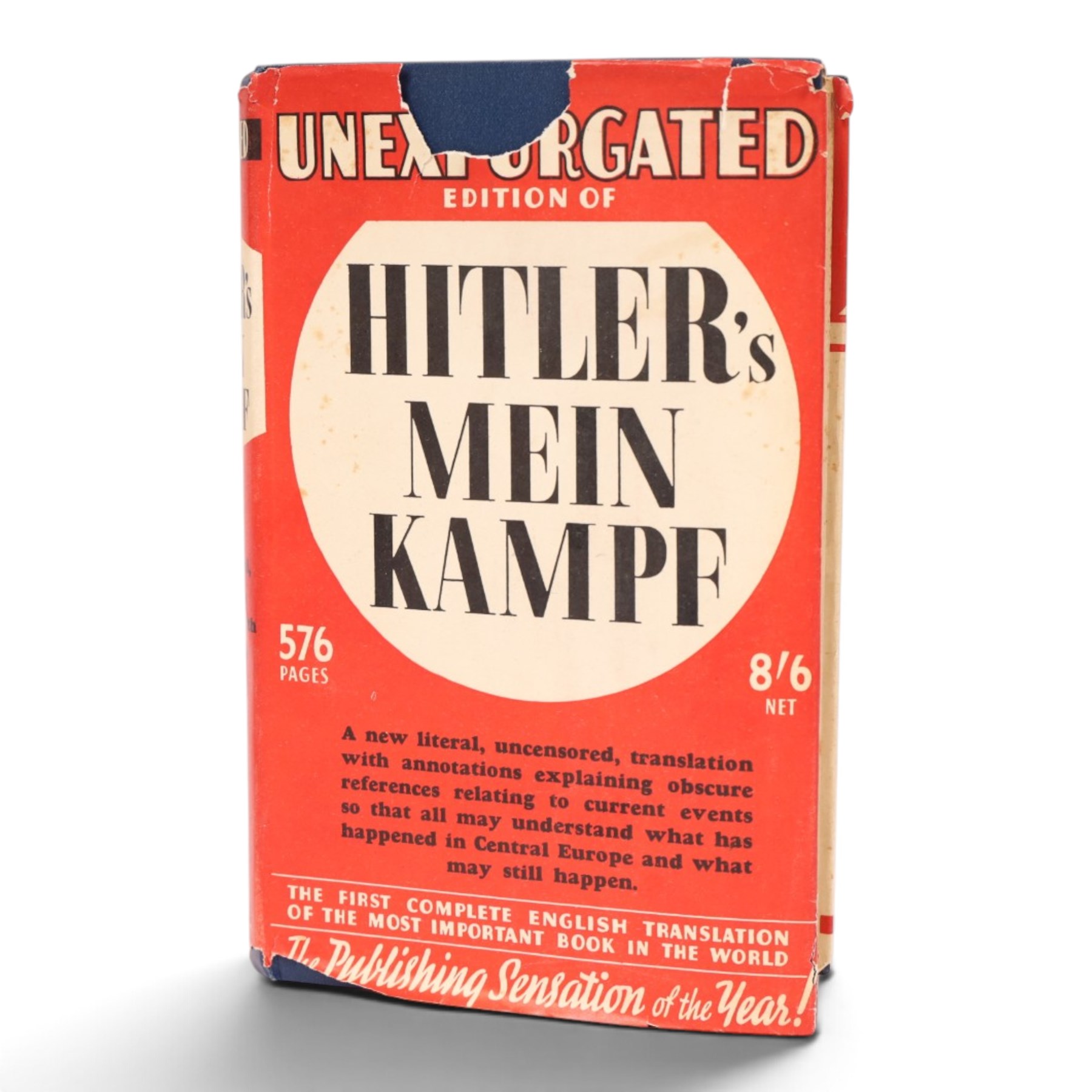 English-language unexpurgated edition of Mein Kampf by Adolf Hitler, published in 1939, retaining its original dust jacket