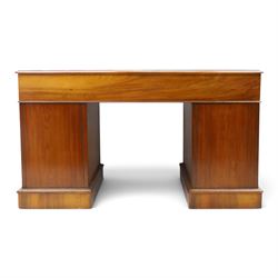 19th century burr walnut twin pedestal desk, rectangular top inset tooled green leather insert with moulded edge, frieze with three drawers with turned wooden pulls, raised on pedestal bases, containing three graduated drawers raised on plinth bases with castors