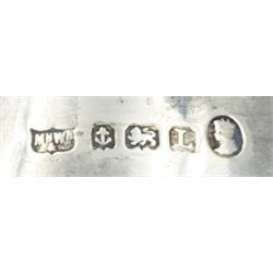 1930s silver six piece cruet set, comprising two peppers, two open salts and two mustard pots with covers, each of plain form with gadrooned rims, mustard pots and peppers each with gadrooned finials, hallmarked Mappin & Webb Ltd, Birmingham 1932 and 1935, mustard pots and salts with blue glass liners