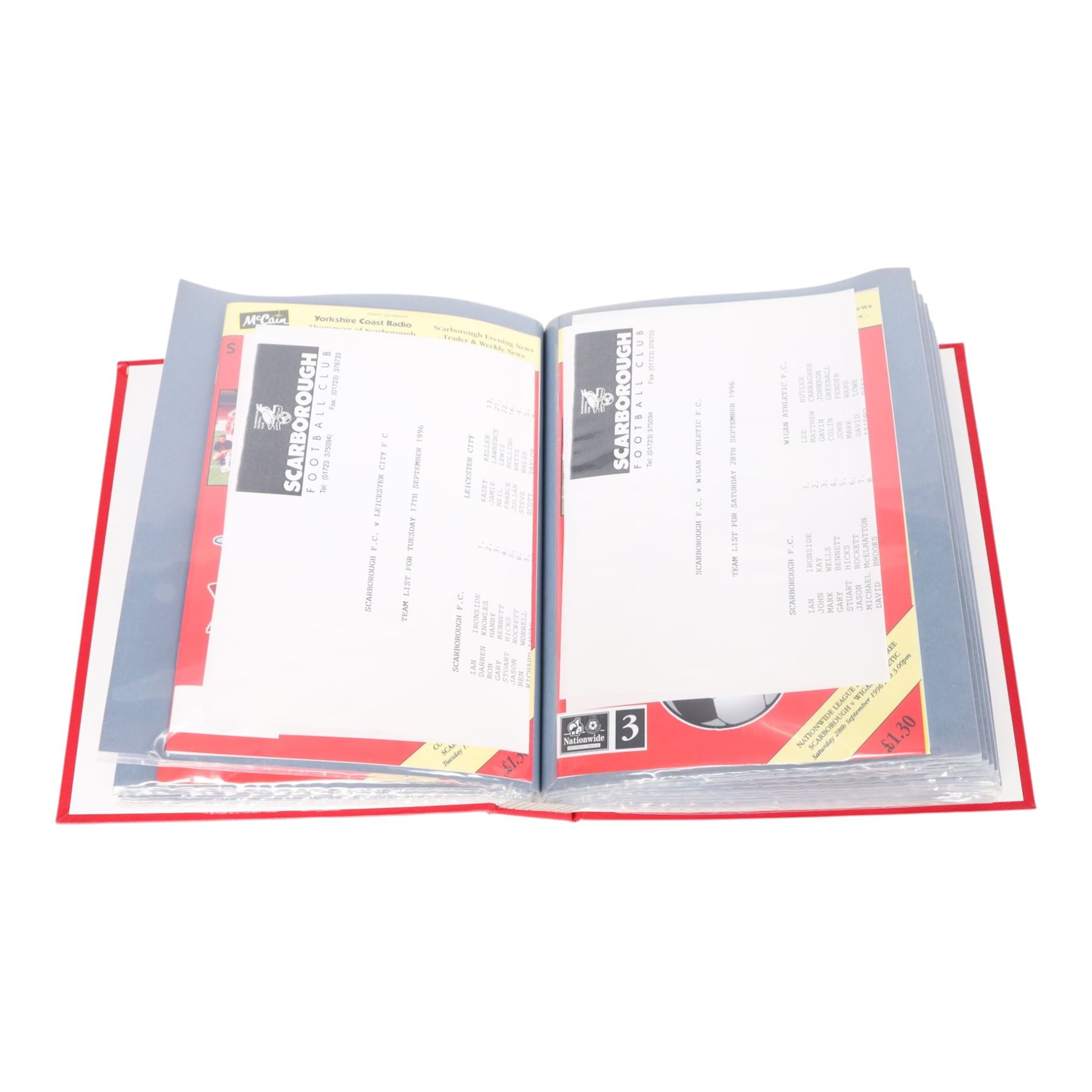 Comprehensive collection of approximately one-hundred and seventy Scarborough FC football programmes for the 1996/97, 1997/98 and 1998/99 seasons, all filed within six dedicated Scarborough FC red Home and Away binders