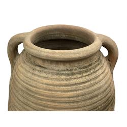 Large terracotta olive pot, ovoid belly amphora shape with twin carrying handles, on wrought metal base with scrolled supports