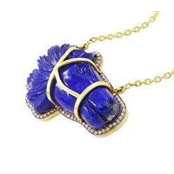 Silver-gilt lapiz lazuli and diamond horses head necklace, carved head with rose cut diamond surround, to a gilt fine link chain necklace, lapiz weight approx 46.20 carat, total diamond weight approx 0.50 carat