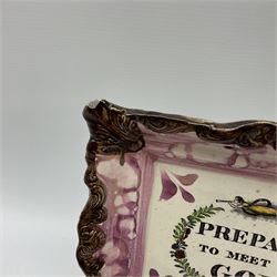 Two 19th century Sunderland pink lustre wall plaques, the first example inscribed Thou God Seest Me, the second example inscribed Prepare To Meet Thy God, H20cm L23cm. 