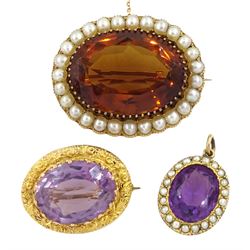 Victorian gold oval amethyst brooch, gold amethyst and seed pearl pendant and a large gold citrine and pearl brooch, all 9ct, hallmarked or tested (3)