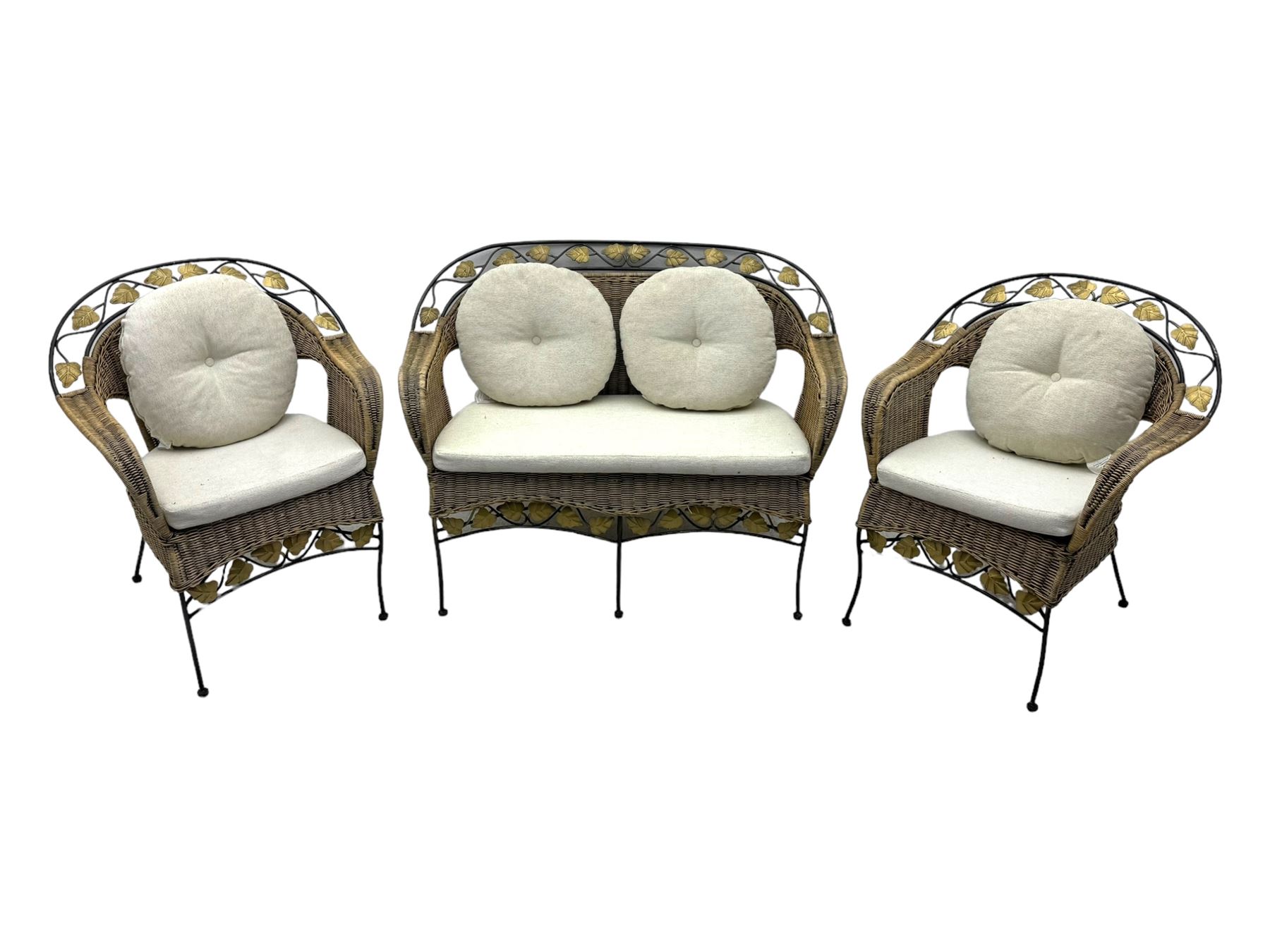 Late 20th century three-piece garden suite, wicker construction and wrought iron frame, decorated with cast metal leaf motifs, cream seat cushions and round back cushions