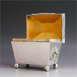 Early 20th century silver tea caddy, of sarcophagus form with twin lion mask mounted loop ...