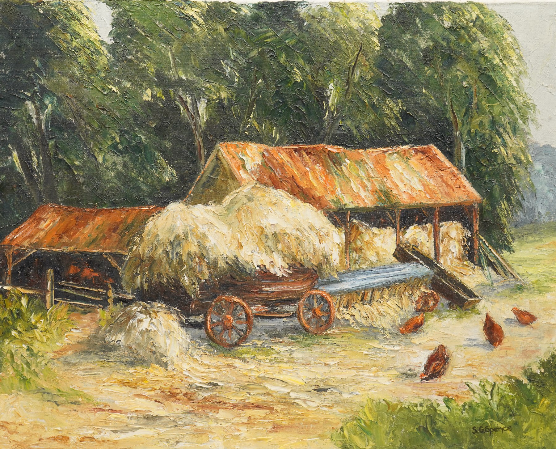 S G Spence (British early 20th century): Impressionist Farm Outbuilding Scene, oil on canvas signed 40.5cm x 50.5cm (unframed)