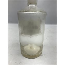 Three Victorian apothecary chemist bottles complete with labels and glass stoppers, H22cm