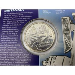 Seven The Royal Mint United Kingdom sterling silver proof crown coins, comprising two 1972, three 1977, 1981 and 1993, all cased with certificates and a Queen Elizabeth II 2001 one ounce fine silver Britannia coin on card (8)