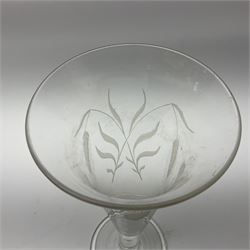 Georgian ale glass, the bowl of tapered form with fluted rim, etched with hops and barley, upon slightly tapering stem and circular domed and folded foot, H30.5cm