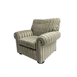 Duresta - 'Waldorf' armchair, in neutral striped fabric, on compressed bun feet
