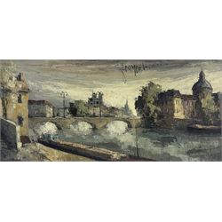Continental School (Mid 20th century): City River scene with Commercial Barge, oil on canvas indistinctly signed 38cm x 78cm
Provenance: with John Mathieson & Co, 20 Frederick Street, Edinburgh, 1950/60's label verso