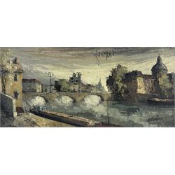 Continental School (Mid 20th century): City River scene with Commercial Barge, oil on canvas indistinctly signed 38cm x 78cm
Provenance: with John Mathieson & Co, 20 Frederick Street, Edinburgh, 1950/60's label verso