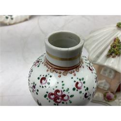 Mid 18th century Chelsea plate with gold anchor mark beneath, decorated with green floral sprays upon plain ground, the moulded cavetto shaped border with gilt rim, (A/F), D22cm, together with early 20th century Adams Tunstall Tokio pearlware slop bowl, Spode plate decorated in the Imari type pallette, with impressed and printed marks beneath, 19th century Indian Tree pattern breakfast cup and saucer, small polychrome enamelled vase and cover in the style of Samson of Paris, with marks beneath, and a pastille burner