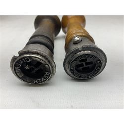 Two Post Office hand stamps 'Heversham Milnthorpe Cumbria' and 'Cimla Neath', together with two hand stamp bodies and various date numbers, housed in a fitted box