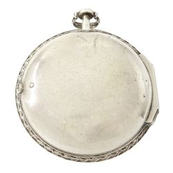 George III silver and gilt metal triple cased verge fusee pocket watch, for the Turkish market by Markwick Markham Borrell, London, No. 23209, ornate classical design pillars, pierced and engraved foliate balance cock, white enamel dial with Turkish numerals, bull's eye glass, the silver cases by James Richards, London 1804, the silver and gilt outer case decorated with green shagreen