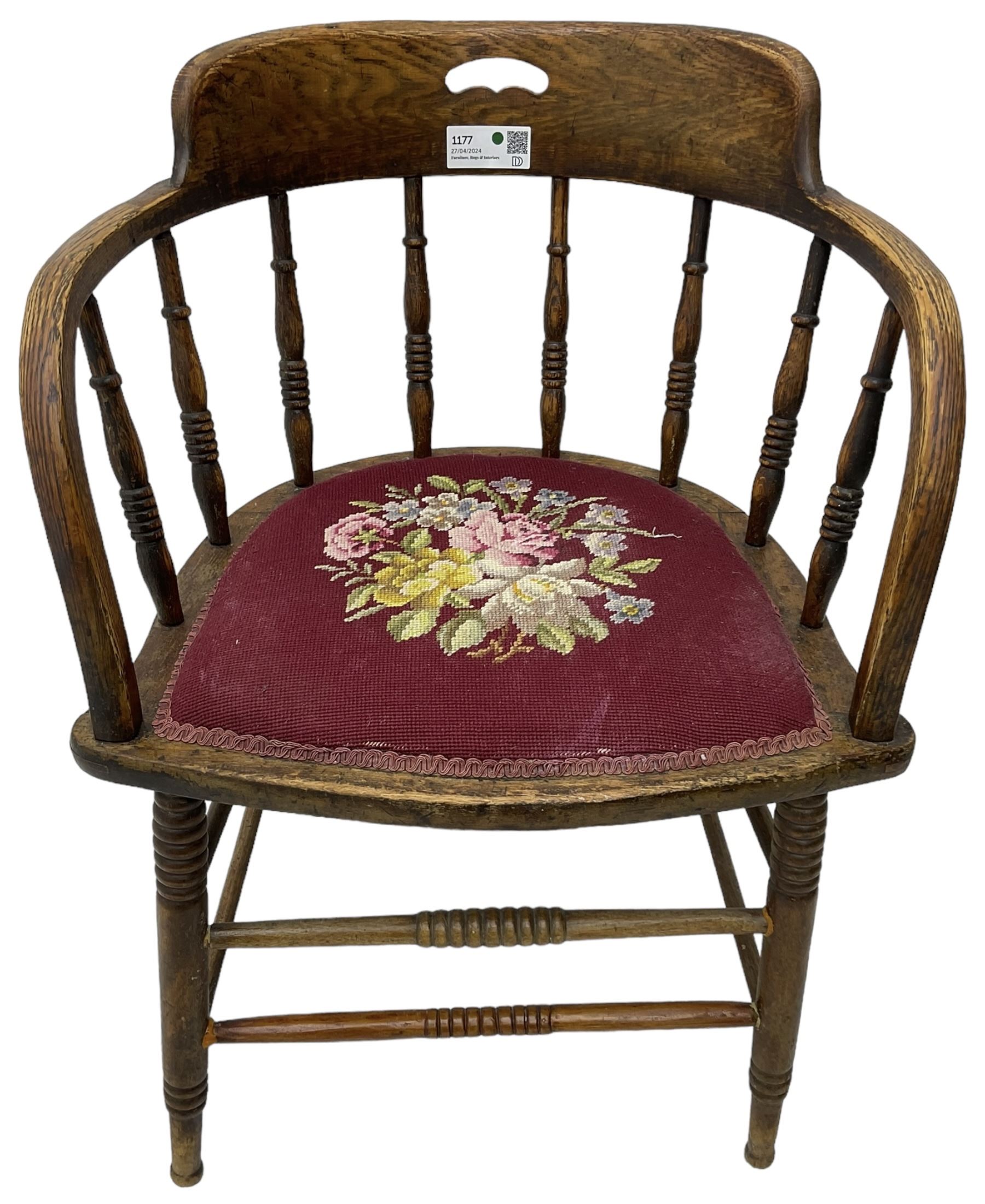 Early 20th century American oak smokers bow tub armchair, shaped cresting rail with pierced handle over ring turned spindle back, seat upholstered in pink tapestry fabric (W56cm, H73cm); small 20th century walnut occasional table on turned supports (W43cm, H70cm, D33cm)