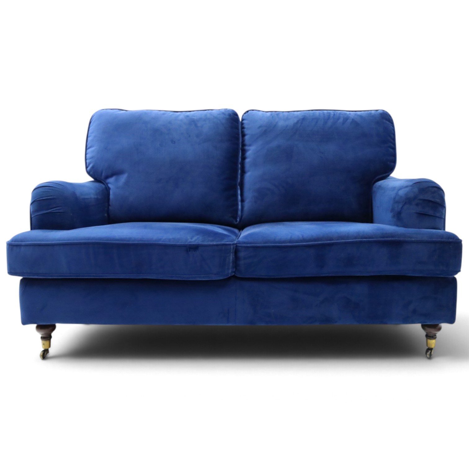 Howard design - two-seat sofa upholstered in blue fabric, traditional shape with rolled arms, on walnut finish turned feet with brushed metal cups and castors