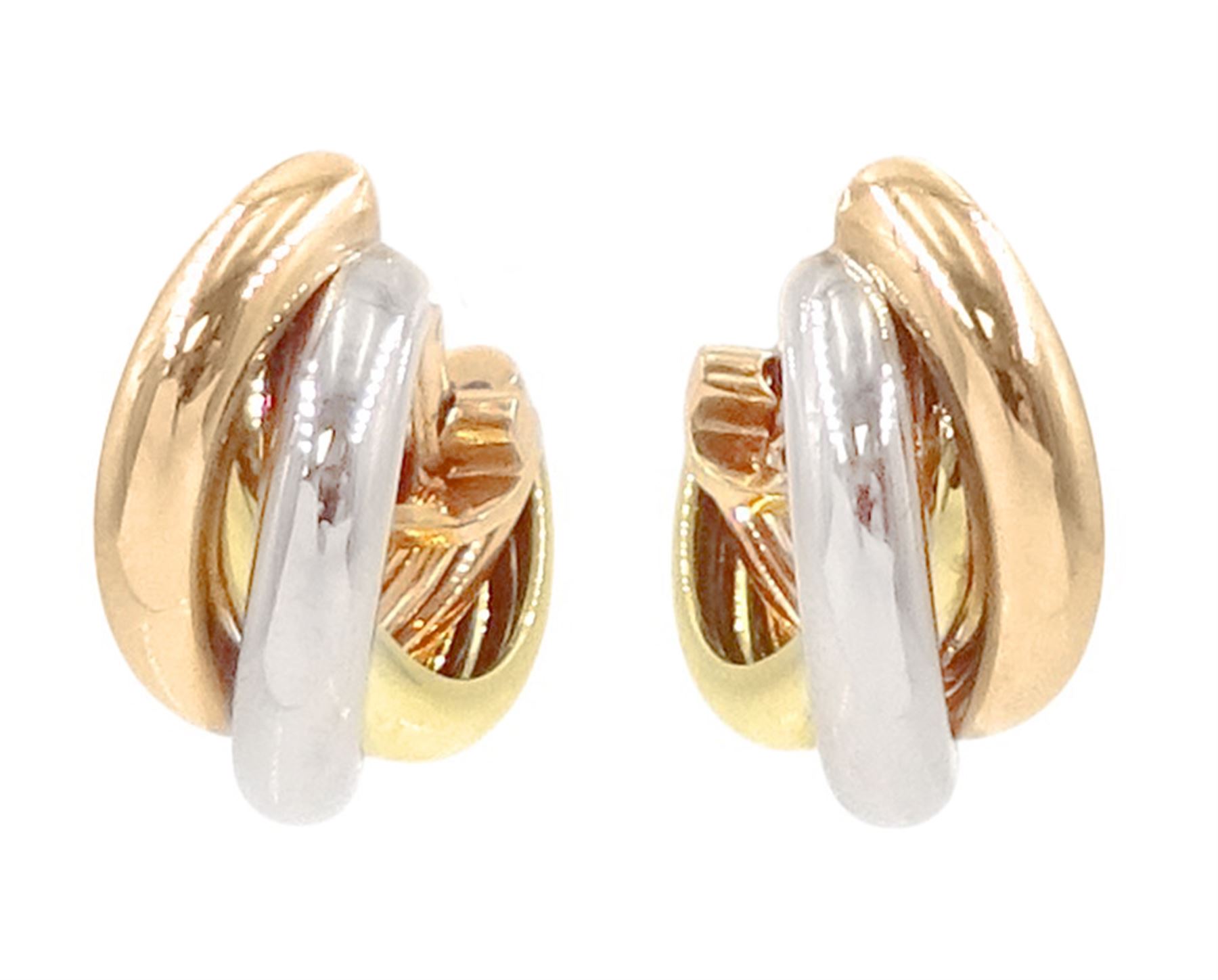 Cartier Trinity gold hoop earrings, each stud with 18ct rose, white and yellow gold intertwined rings, boxed with certificate 