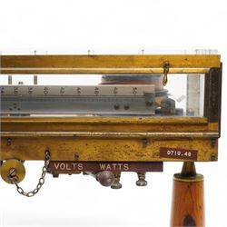Lord Kelvins Patent electric current balance, no. 823, by Kelvin & James White Ltd Glasgow & London, with two pairs of horizontally mounted coils, suspended beam balance mounted on an ebonite base under glass and brass cover, with box of weights and accessories, raised on three wooden supports, W51cm H37.5cm