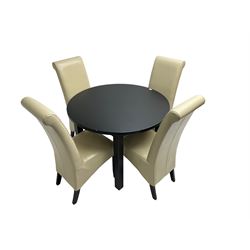 Agars of Whitby - charcoal solid ash circular dining table, and four leather high back chairs